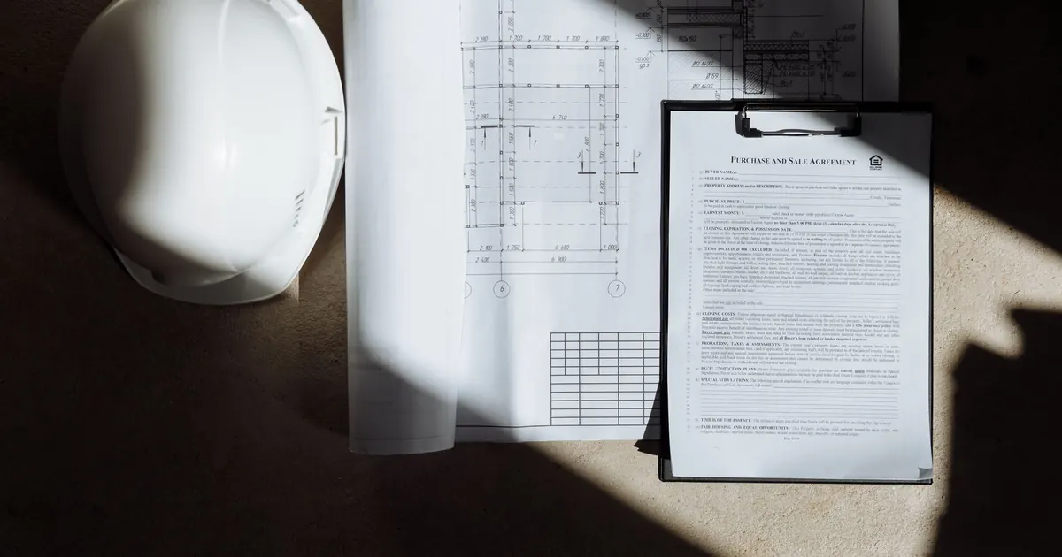 Plans et documents de chantier posés à côté d’un casque