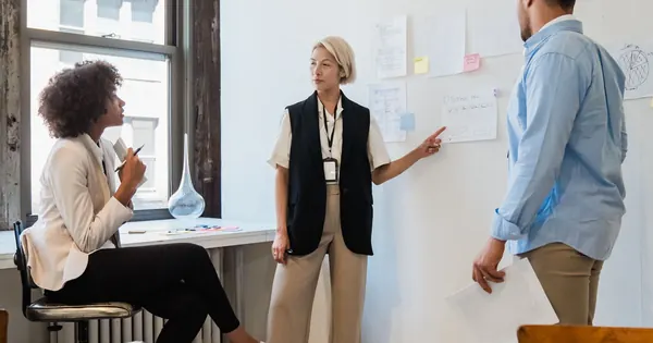 Équipe préparant un projet devant un tableau de travail