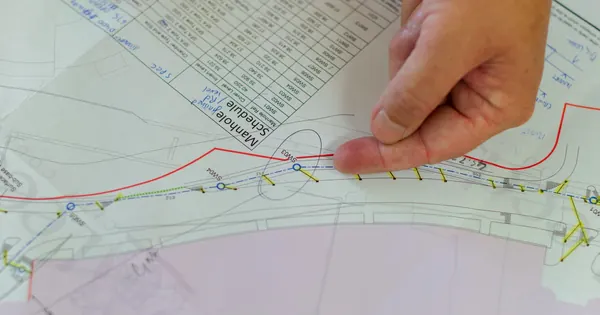 Mains pointant les éléments d’un plan technique