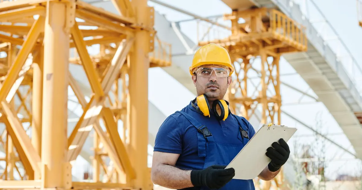Professionnel équipé d’un casque vérifiant un chantier avec un support de notes.
