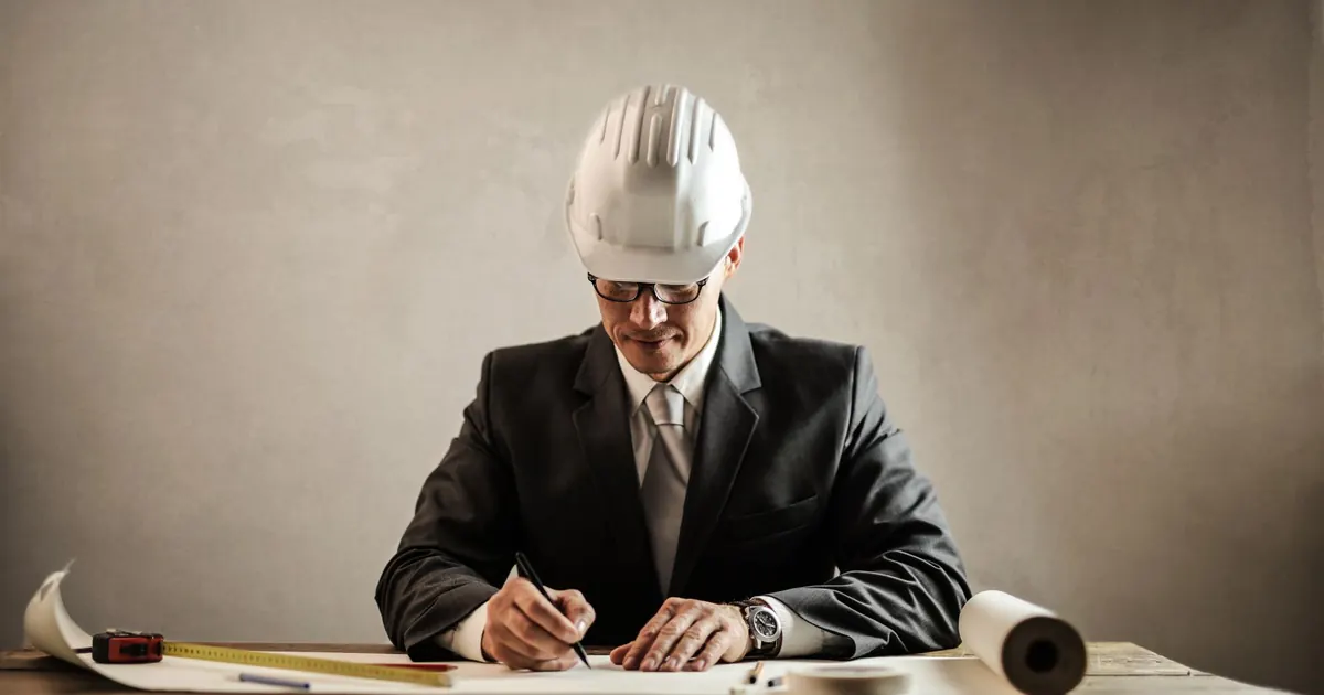 Travail sur des plans à un bureau avec un casque de chantier