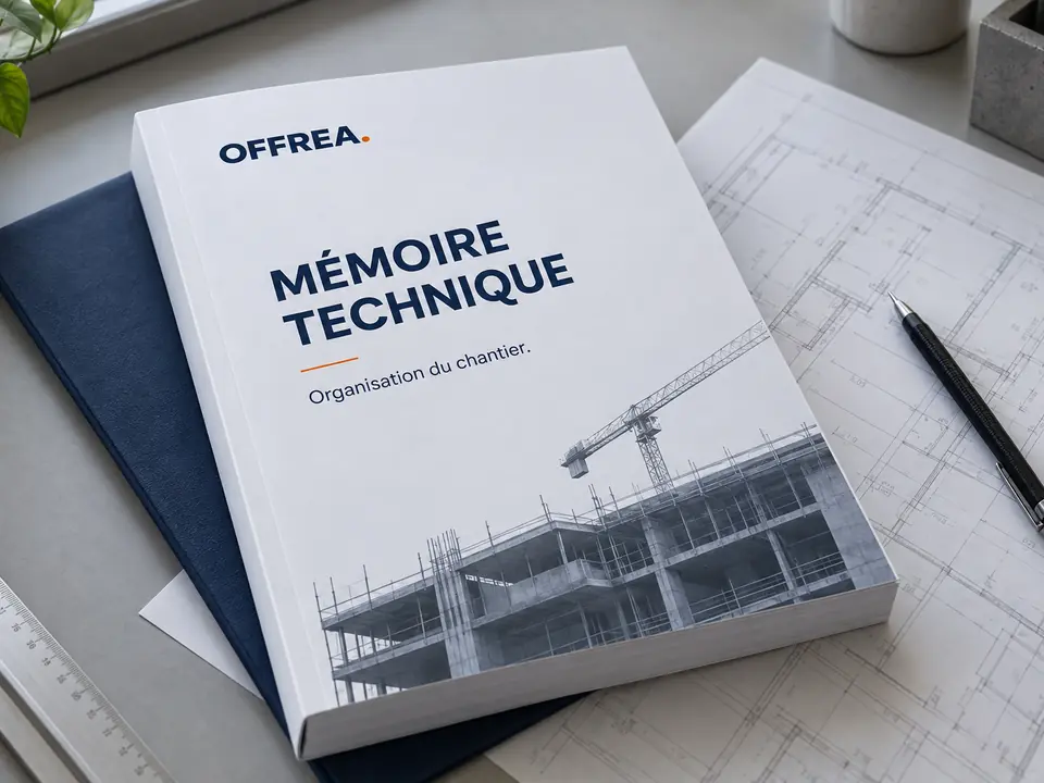 Mémoire technique OFFREA posé sur des plans de bâtiment
